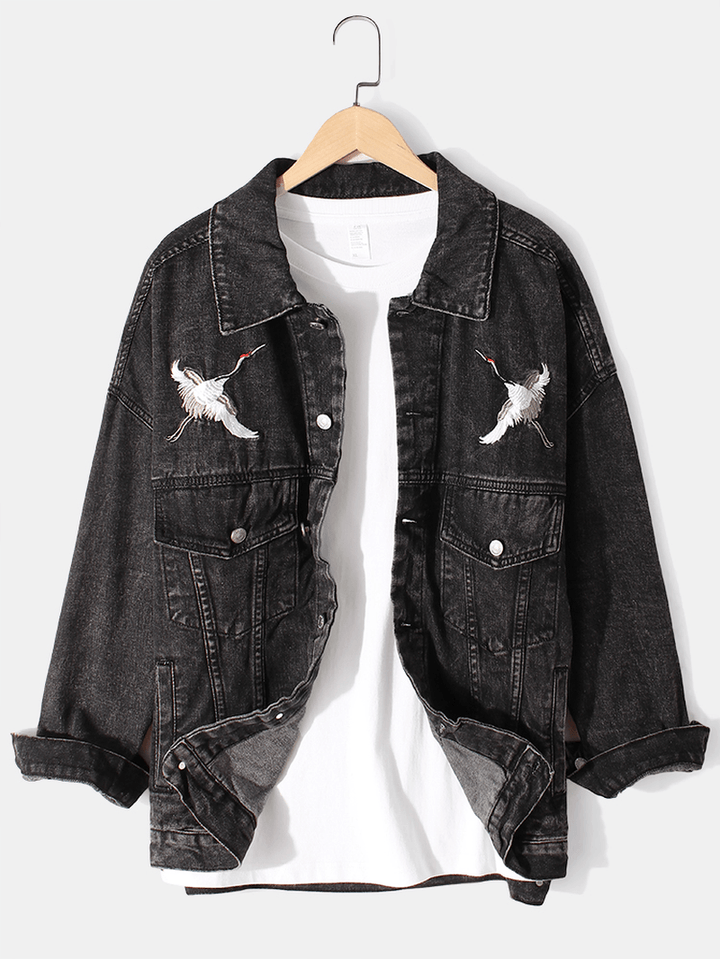 Mens Crane Embroidery Faded Effect Cotton Outdoor Stylish Denim Jacket with Pocket - MRSLM