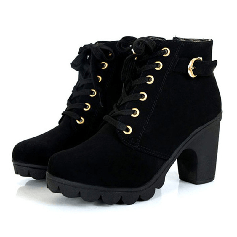 Women Girl High Top Heel Ankle Boots Winter Pumps Lace up Buckle Suede Shoes - MRSLM