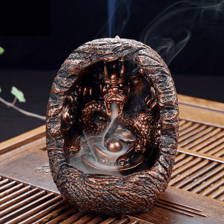 Dragon Backflow Burner Cone Incense Holder Resin Censer Buddhist Ceramic Smoke Burner Holder Buddhist Gift Home Decorations with 1Bag Cones - MRSLM