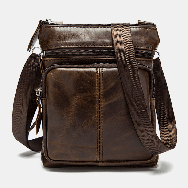 Men Genuine Leather Multi-Pocket Casual Business 6.3Inch Phone Bag Crossbody Bags First Layer Cowhide Shoulder Bag - MRSLM