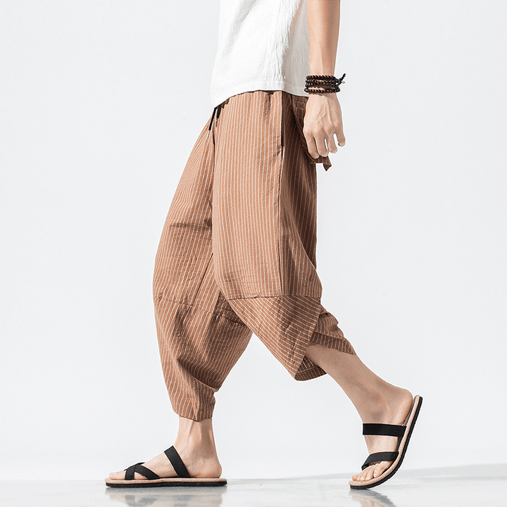 Mens Summer Chinese Style Linen Stripe Loose Casual Pants - MRSLM