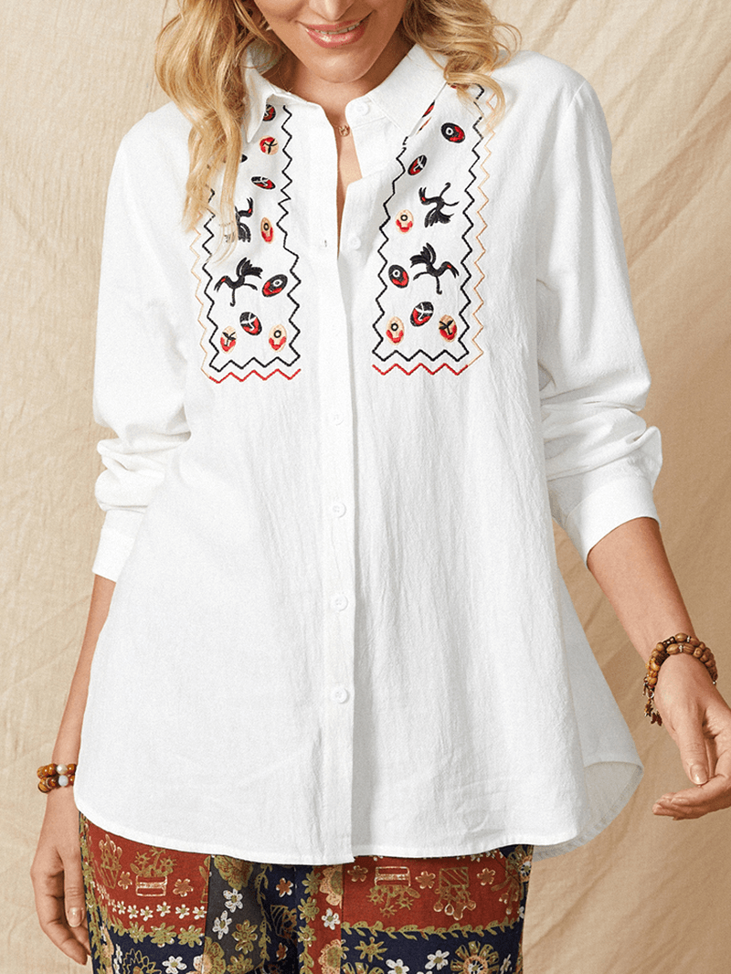 Women White Lapel Ethnic Embroidery Daily Casual Long Sleeve Shirts - MRSLM