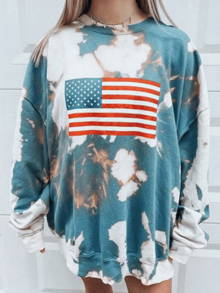 Women Flag Print Tie Dye Pullover Loose Long Sleeve Sweatshirts - MRSLM