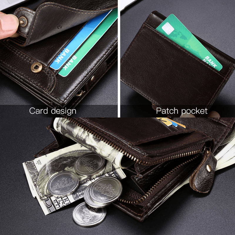 Men Genuine Leather Multifunction RFID Anti-Theft Retro Short Wallet Multi-Card Slot Card Holder Coin Purse - MRSLM