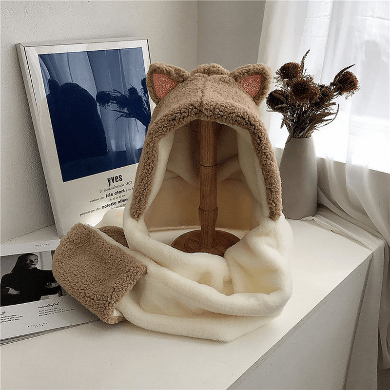 Cute Cat Ears Color Matching Plush Hooded Scarf - MRSLM