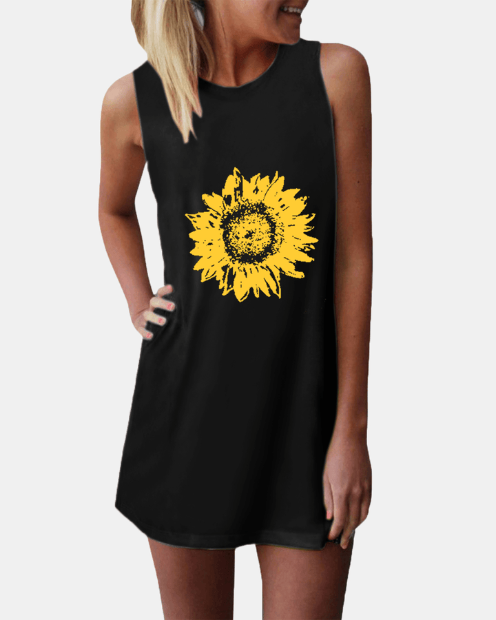 Sunflower Print O-Neck Sleeveless Casual Mini Dress - MRSLM