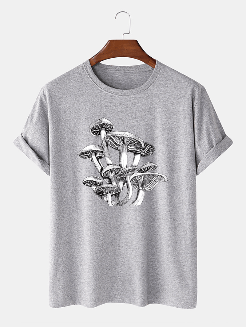 Mens Mushroom Sketches Print 100% Cotton O-Neck Short Sleeve T-Shirt - MRSLM