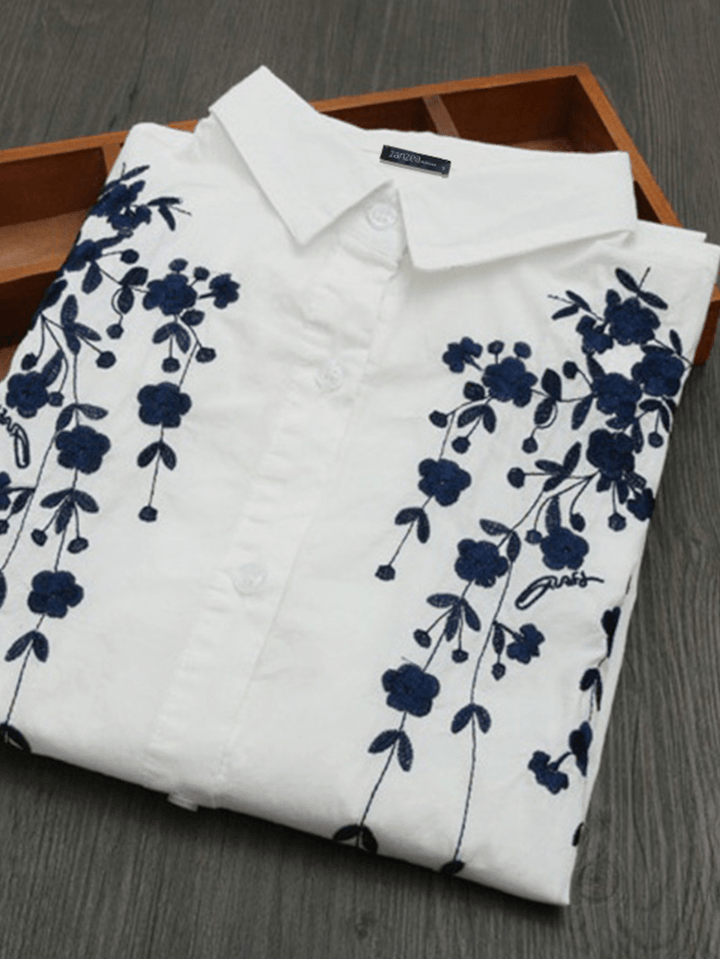 Print Lapel Collar High Low Hem White Long Sleeve Button Casual Shirts for Women - MRSLM