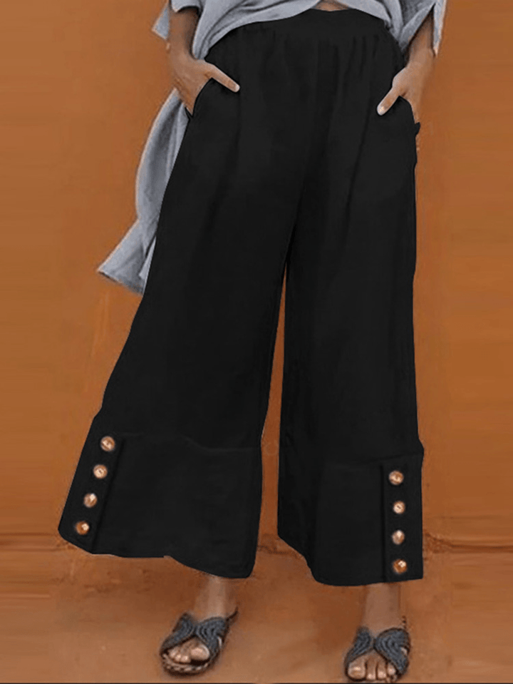 Casual Solid High Elastic Waist Button Wide Leg Pants for Women - MRSLM