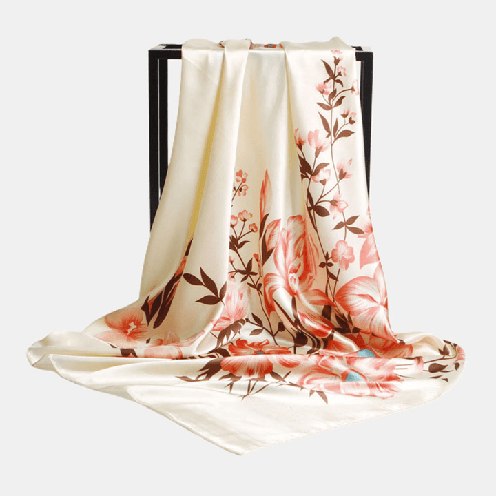 Women 90Cm Imitation Silk Floral Unique Creative Pattern Elegant Multi-Purpose Keep Warm Wide Square Scarf Shawl - MRSLM