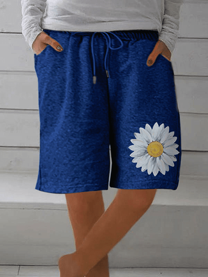 Daisy Print Women Drawstring Loose Shorts with Pocket - MRSLM