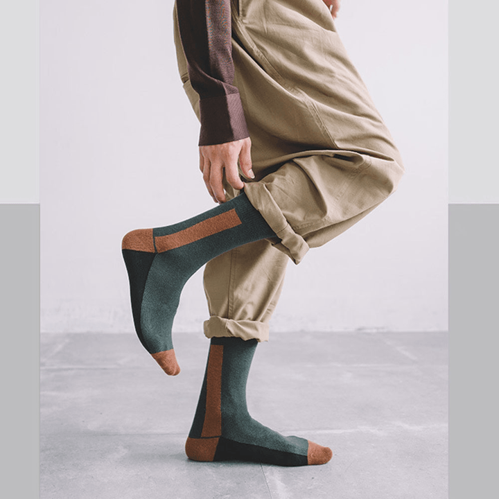 Men Long Socks Dark Green Designer Lines Contrast Color Tube Cotton Socks - MRSLM