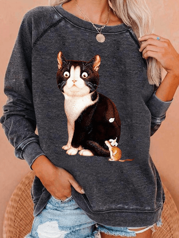 Women Cute Cat Graphics round Neck Casual Raglan Sleeve Sweatshirts - MRSLM