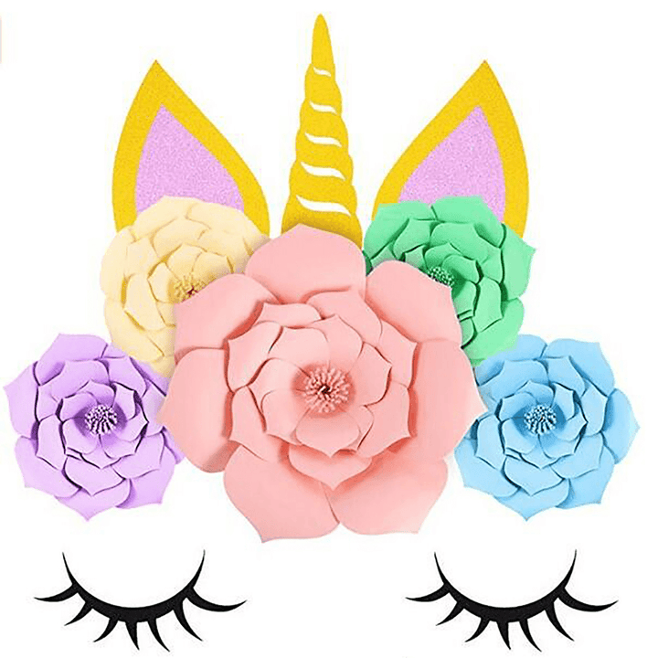 DIY Unicorn Paper Flowers Kit with Glitter Horn Ears Eyelashes Room Decor Party Supplies Decorations Backdrop for Kids - MRSLM