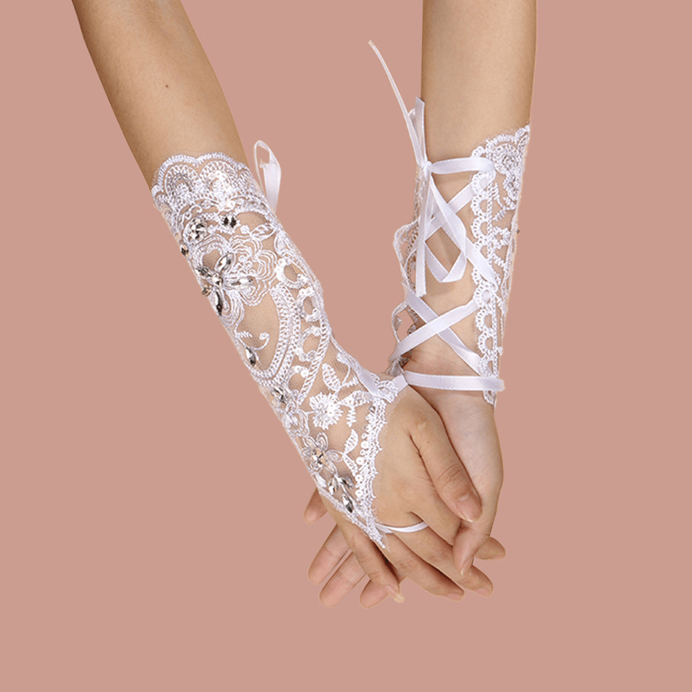 Women Lace Flowers with Rhinestone Bandage Split Finger Gloves Mid-Length Wild Mesh Breathable Sun Protection Sleeves - MRSLM