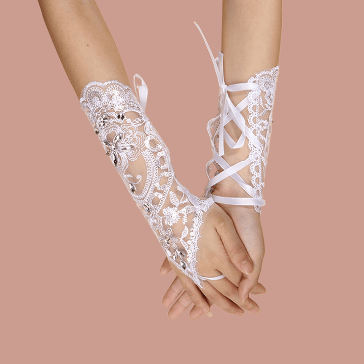 Women Lace Flowers with Rhinestone Bandage Split Finger Gloves Mid-Length Wild Mesh Breathable Sun Protection Sleeves - MRSLM