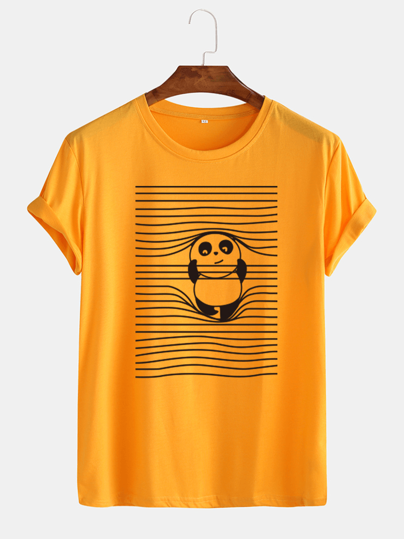 Mens Cartoon Panda & Line Print round Neck Short Sleeve Cute T-Shirts - MRSLM