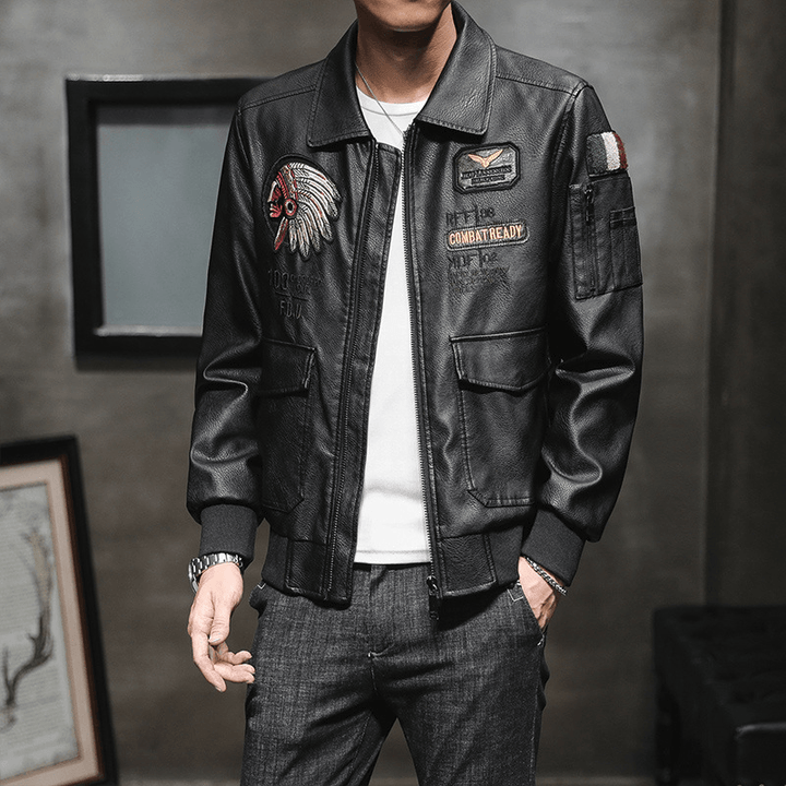 Men'S Pu Leather Jacket Men'S Lapel Embroidery Motorcycle Jacket - MRSLM