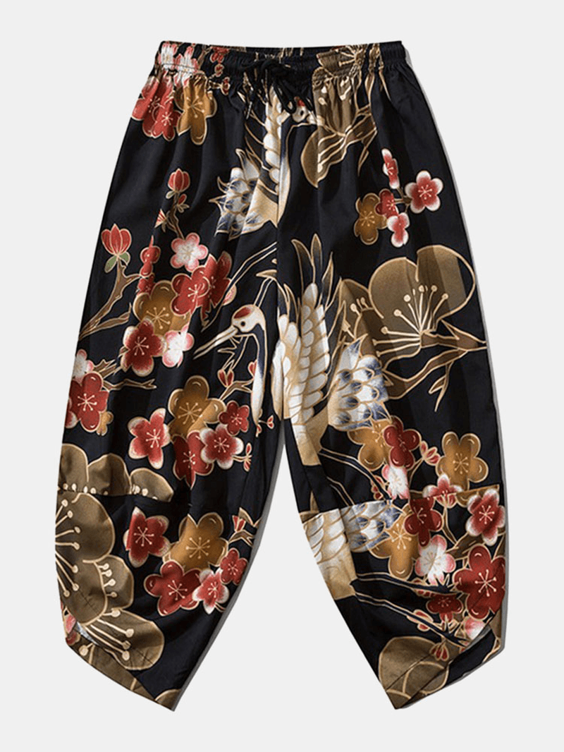 Mens Japanese Kimono Crane Flower Print Open Front & Pants Co-Ords - MRSLM