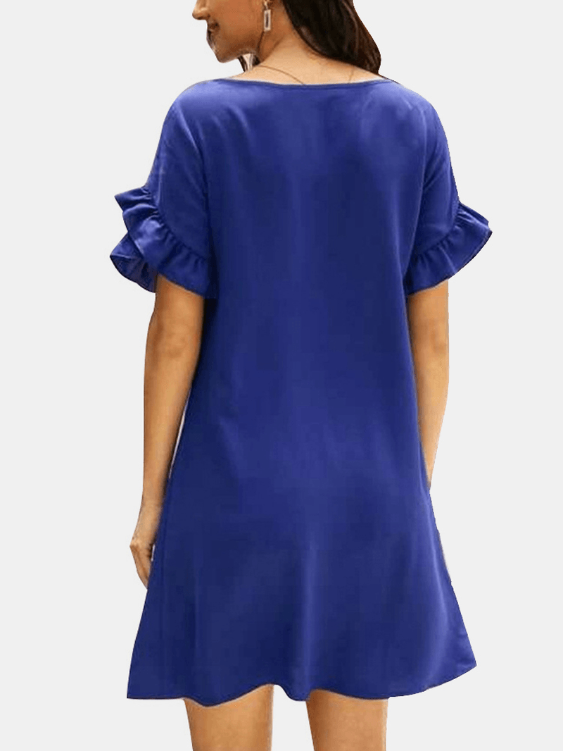 Solid Causal V-Neck Short Ruffled Sleeve Dress for Women - MRSLM