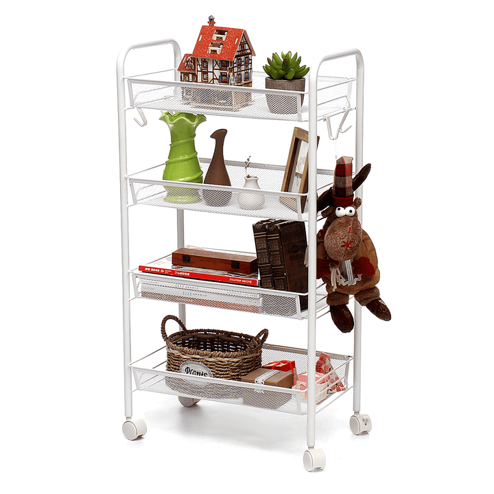 4/5-Tier Basket Stand Kitchen Bathroom Trolley Full-Metal Rolling Food Storage Cart with Lockable Wheels 4 Side Hooks - MRSLM