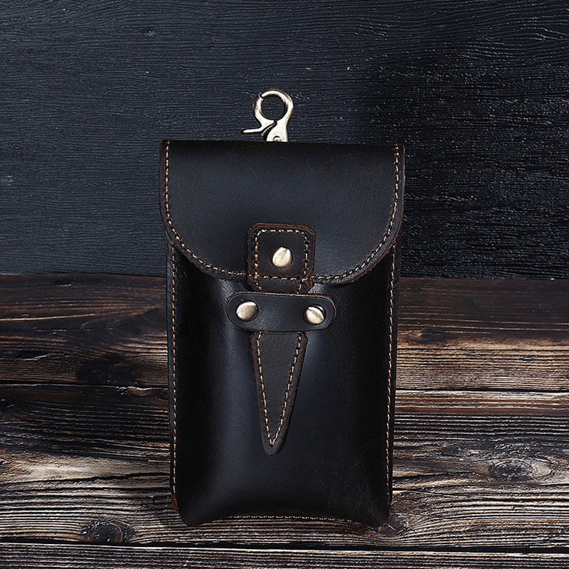 Men Genuine Leather Waterproof Vintage Casual 5.8 Inch Phone Bag Cowhide Waist Bag with Hook - MRSLM