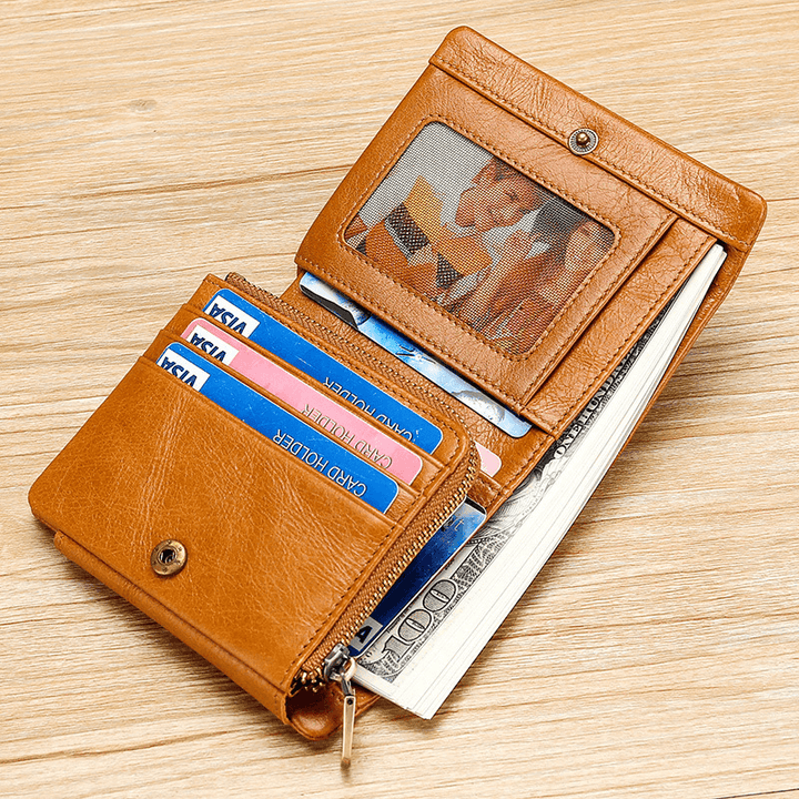 Men Genuine Leather Retro Trifold Multi Card Slot Casual Card Holder Wallet - MRSLM