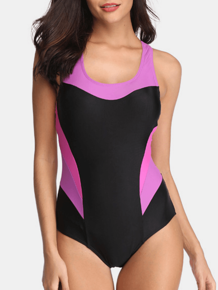 Women Contrast Color Cover Belly One Piece Criss Cross Backless Hawaii Swimwear - MRSLM