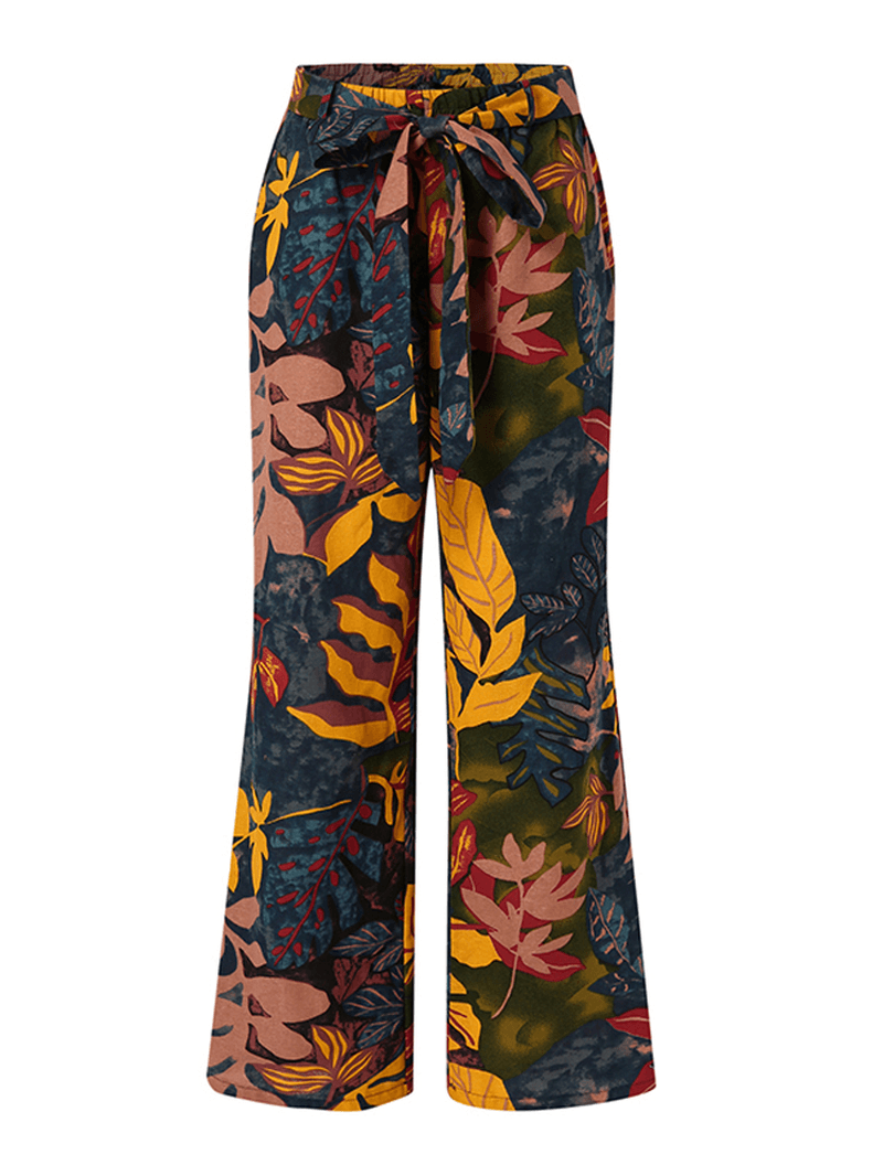 Retro Style High Elastic Waist Leaf Floral Print Pocket Vintage Pants with Belted - MRSLM