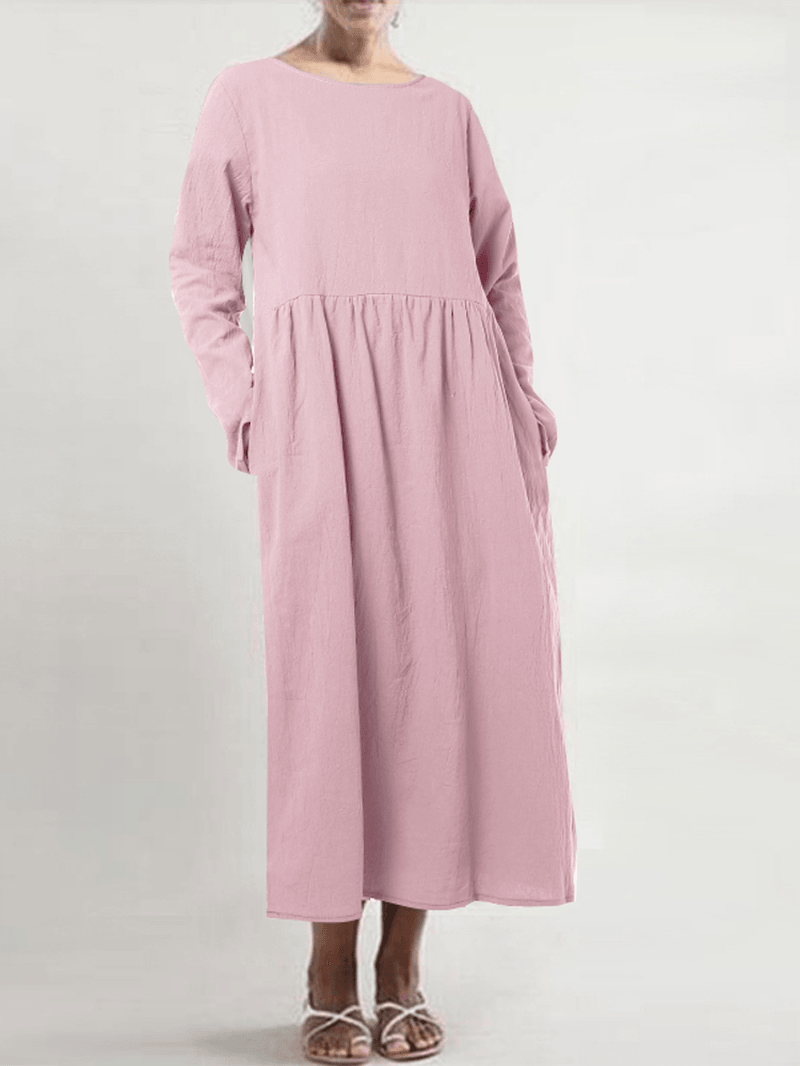Women Cotton Crew Neck Long Sleeve Solid Casual Dress - MRSLM