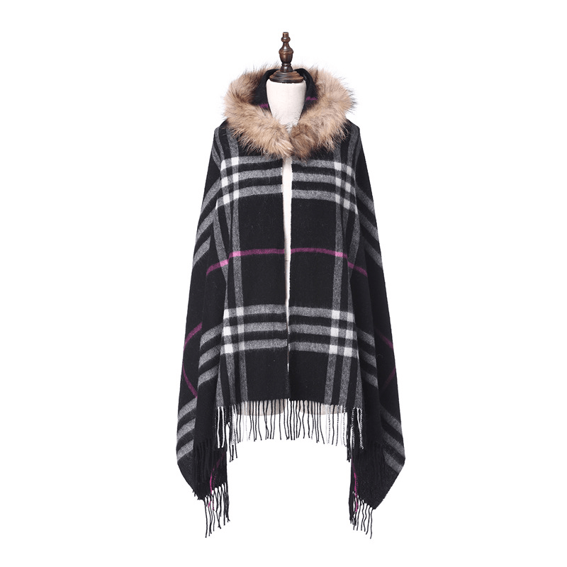 Women'S Shawl Raccoon Fur Collar Wool Plaid Scarf - MRSLM