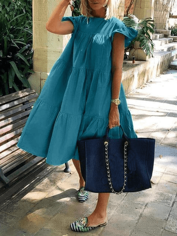 Women Solid Color Loose Ruffles Short Sleeve Casual Midi Dresses - MRSLM