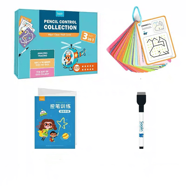Children Wipe Clean Flash Cards Dot-To-Dot Repeatedly Erase Pen Training Copybook - MRSLM