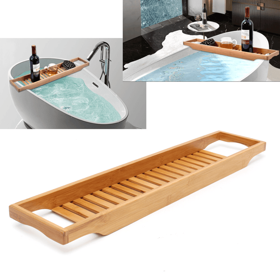 Bathroom Bamboo Bath Shelf Caddy Wine Holder Tub Tray over Bathtub Rack Support Storage - MRSLM