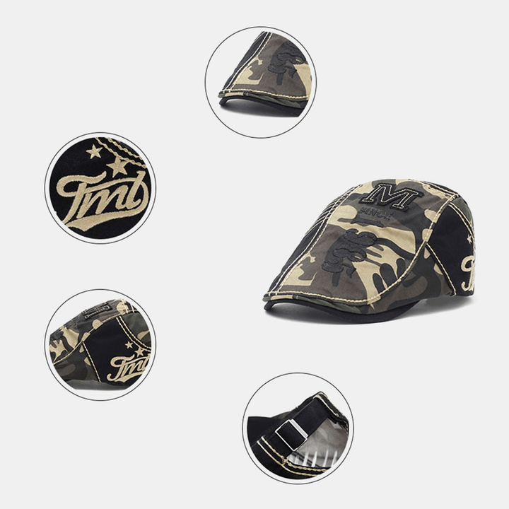 Men Cotton Camouflage Letter Embroidery Pattern Outdoor Casual Beret Cap Forward Cap Flat Hat - MRSLM