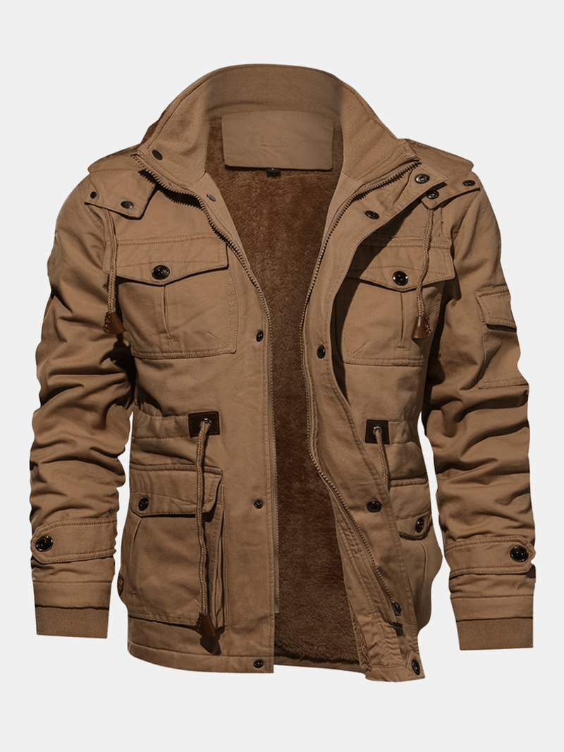 Mens Winter Fleece Warm Hooded Multi Pockets Casual Cotton Jacket - MRSLM