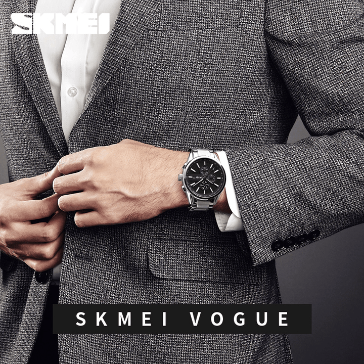 SKMEI 9175 Multifunction Calendar Business Style Men Wrist Watch Steel Band Quartz Watch - MRSLM