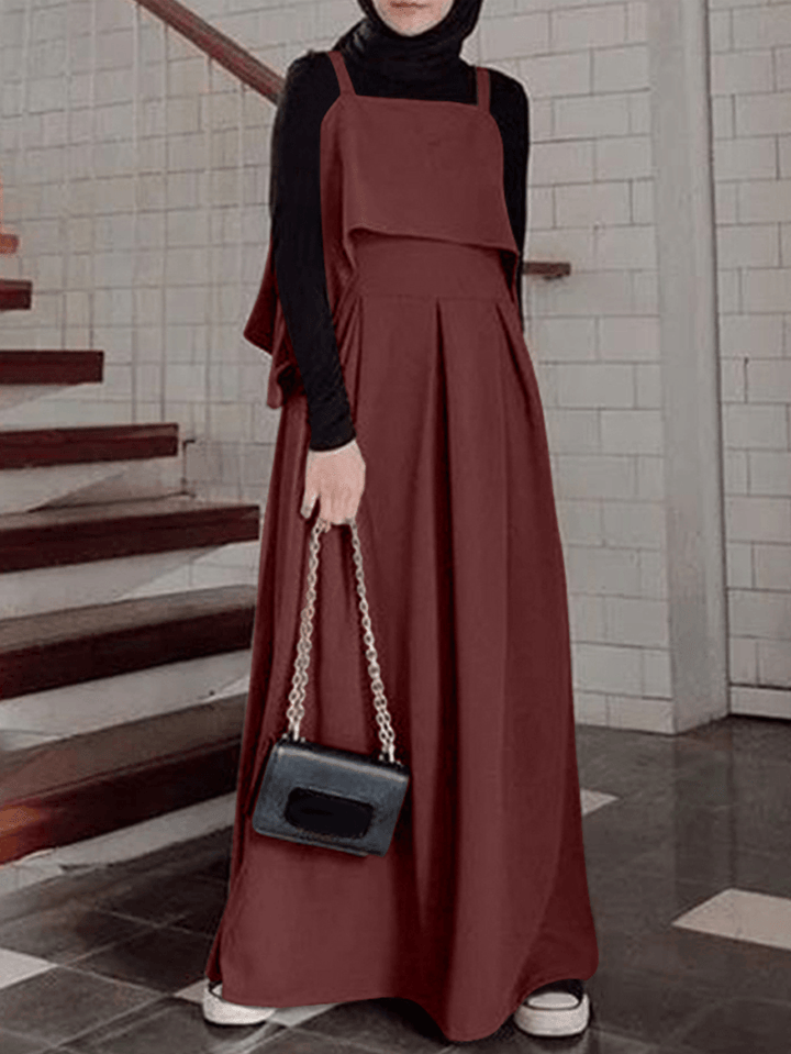 Women Solid Color Sleeveless Ruffles Hem Loose Baggy Causal Maxi Dress - MRSLM