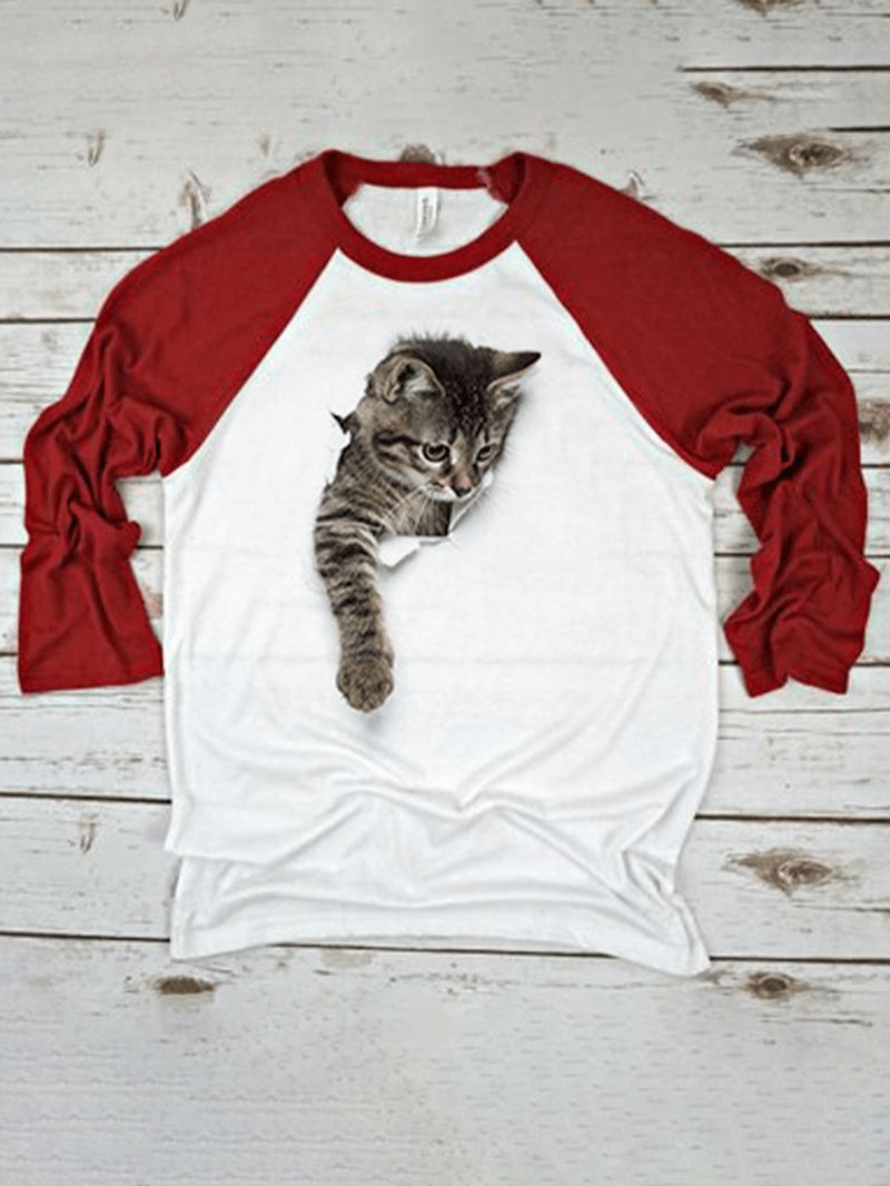Cute Cat Print Raglan Sleeves O-Neck Casual T-Shirt for Women - MRSLM