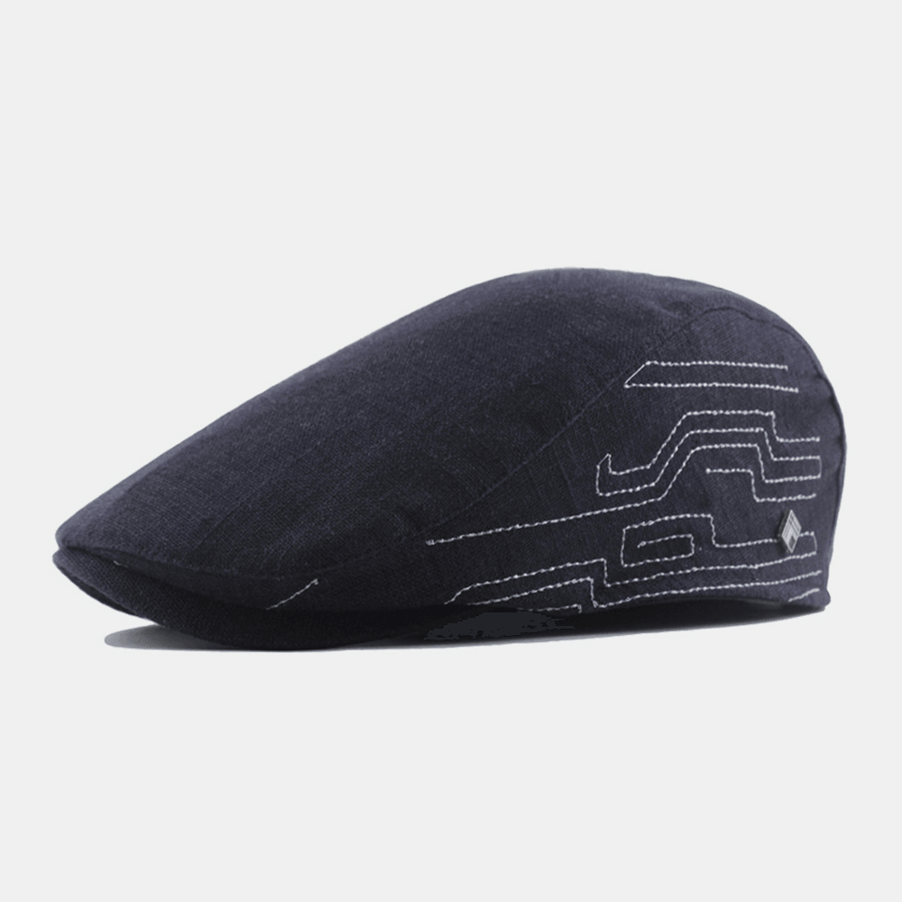 Men Cotton Linen Embroidery Plain Color Adjustable Casual Flat Hat Forward Hat Beret Hat - MRSLM