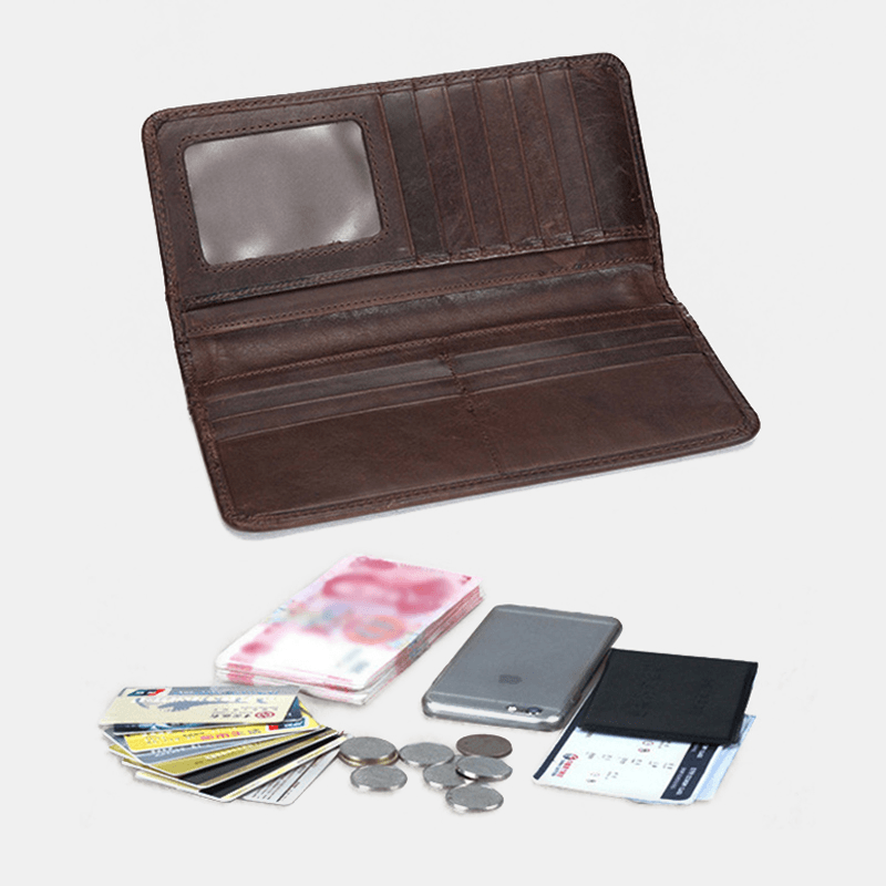 Men Retro Long Bifold Genuine Leather Wallet Casual 12 Card Slot Card Holder Money Clip Clutch Bag - MRSLM