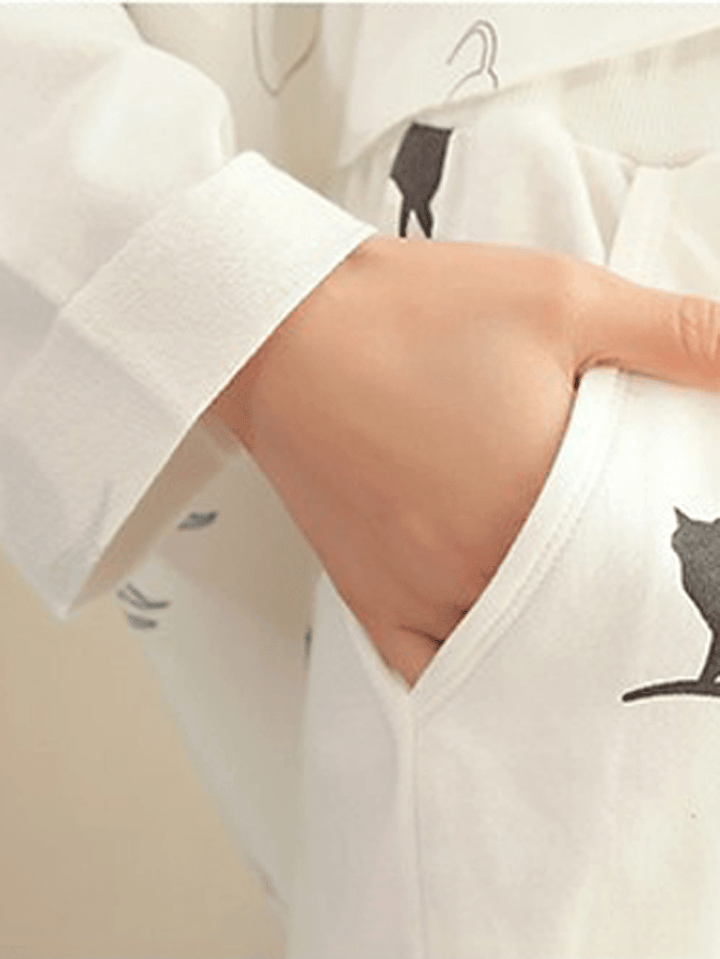 Women Funny Cartoon Cat Print round Neck Pocket Long Sleeve Home Pajama Set - MRSLM