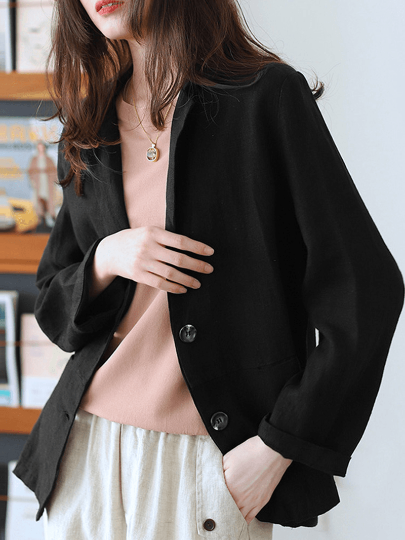 100% Cotton Lapel Business Casual Blazer with Front Pockets for Women - MRSLM
