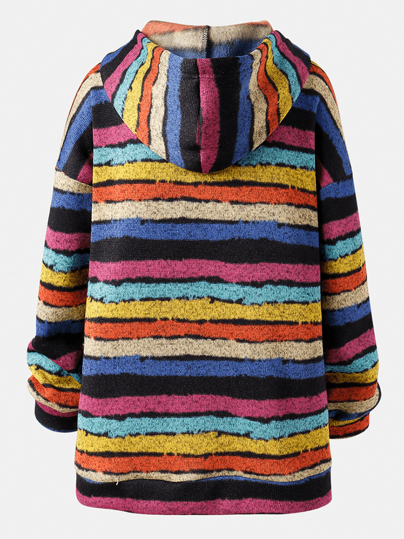 Women Half Button Colorful Horizontal Stripe Long Sleeve Casual Hoodies - MRSLM