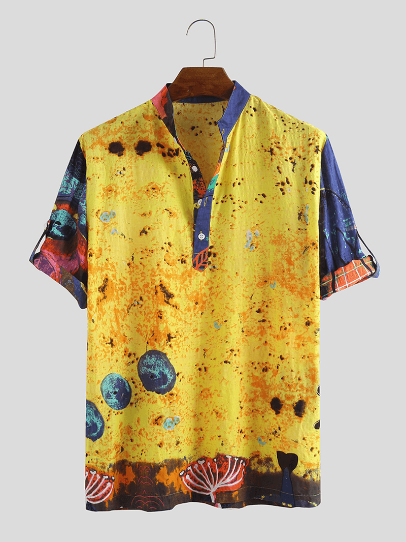 Men Jellyfish Print Half Sleeve Henley Shirts - MRSLM