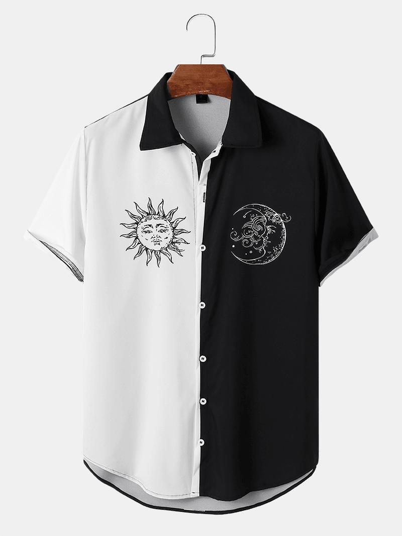 Mens Casual Sun Print Color Block Short Sleeve Shirts - MRSLM