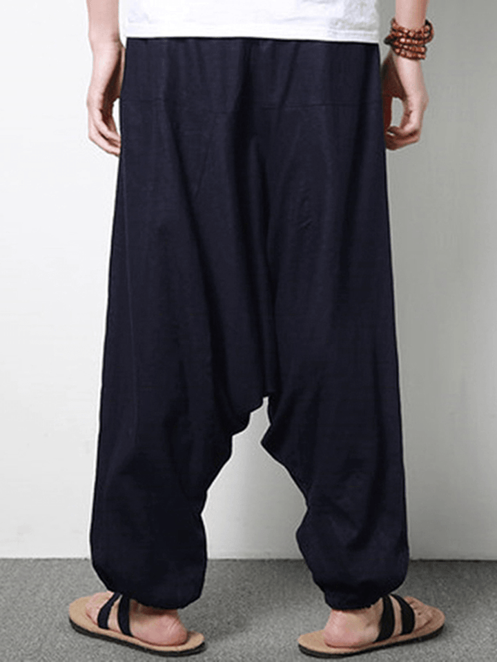 Men Cotton Linen Harem Pants Casual Baggy Loose Trousers Fashion Wide Legs Trousers - MRSLM