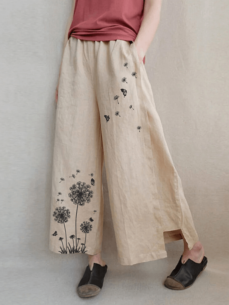 Women Floral Print Elastic Waist Loose Wide Leg Pants with Pocket - MRSLM
