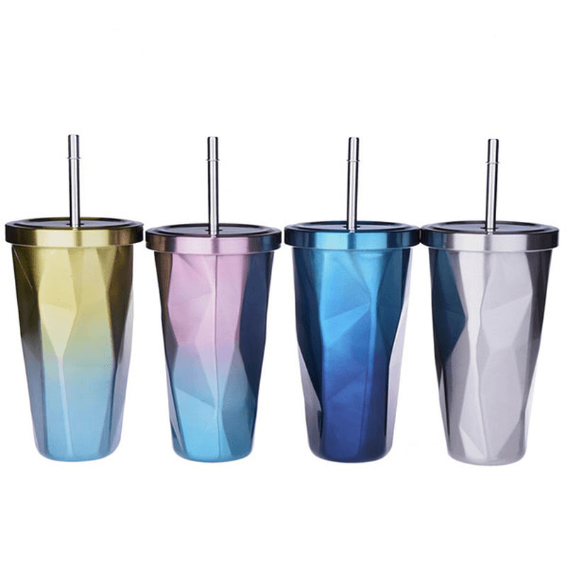 473L Stainless Steel Cups Gradient Color Diamond Double Wall Travel Water Bottles with Straw - MRSLM