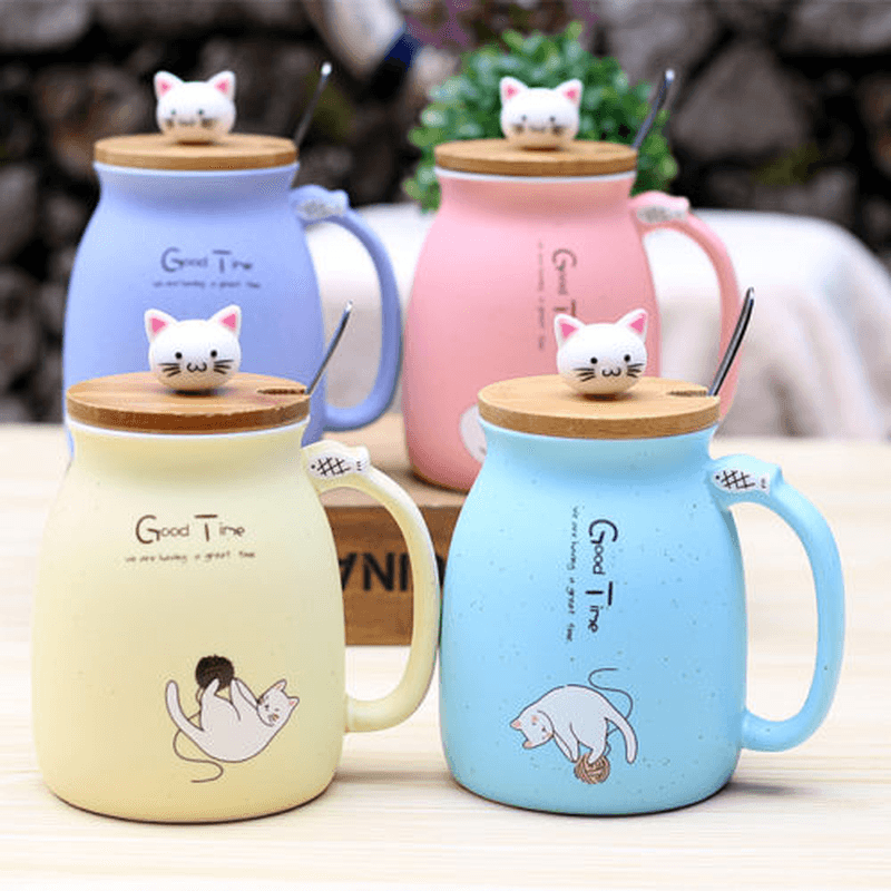 Cat Kitten Ceramic Coffee Mug Tea Milk Water Cup W/Handle + Spoon + Lid 420ML - MRSLM